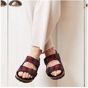 Birkenstock Red and Black Plaid Arizona With Black Shearling Size 42